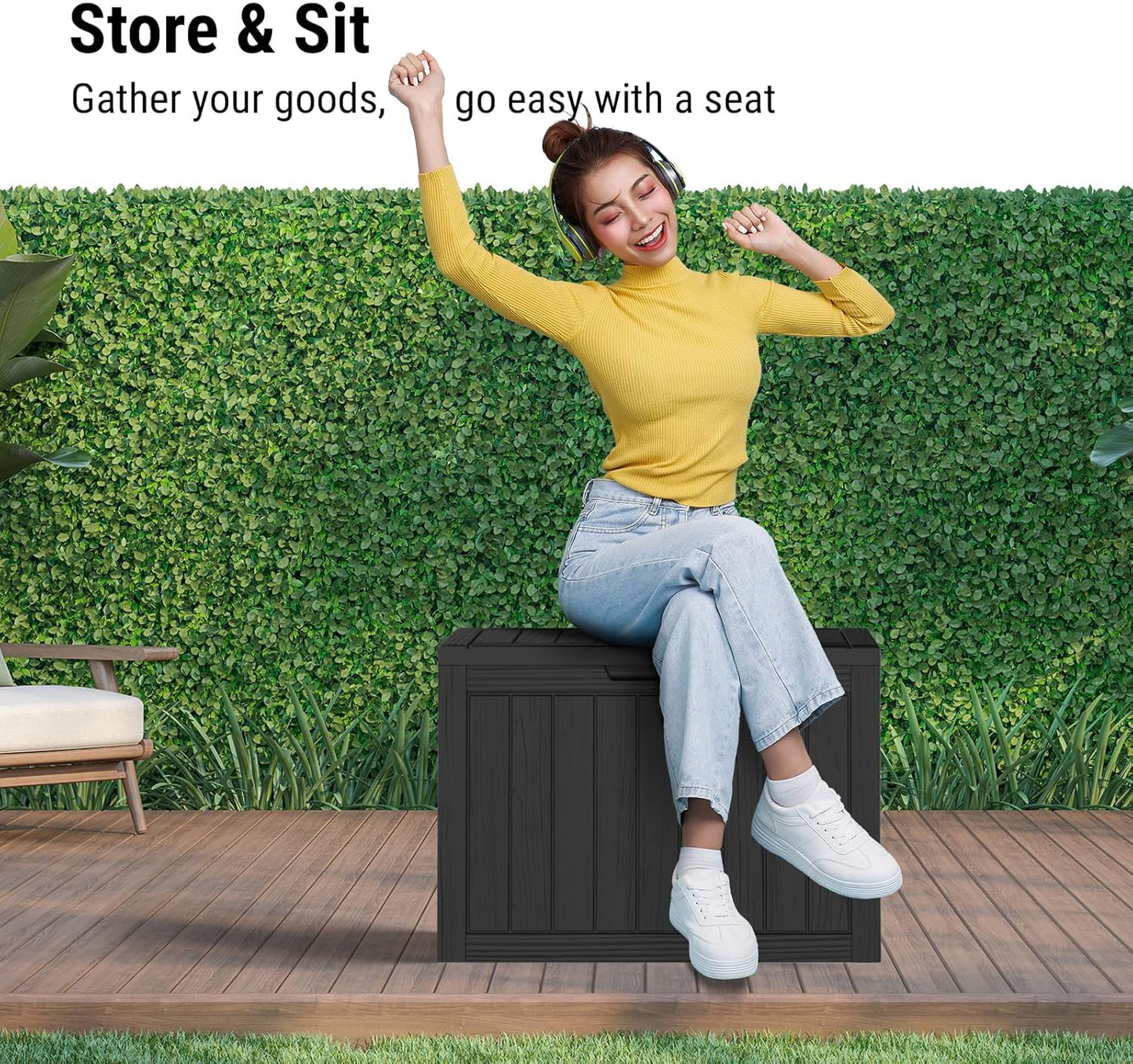 Mars Villa 45 Gallon Outdoor Storage Box, Resin Deck Box Waterproof, Storage Chest for Outside Patio Furniture Cushions, Pool Supplies, Garden Tools, UV Resistant and Weatherproof, Black-VerdiqueGarden