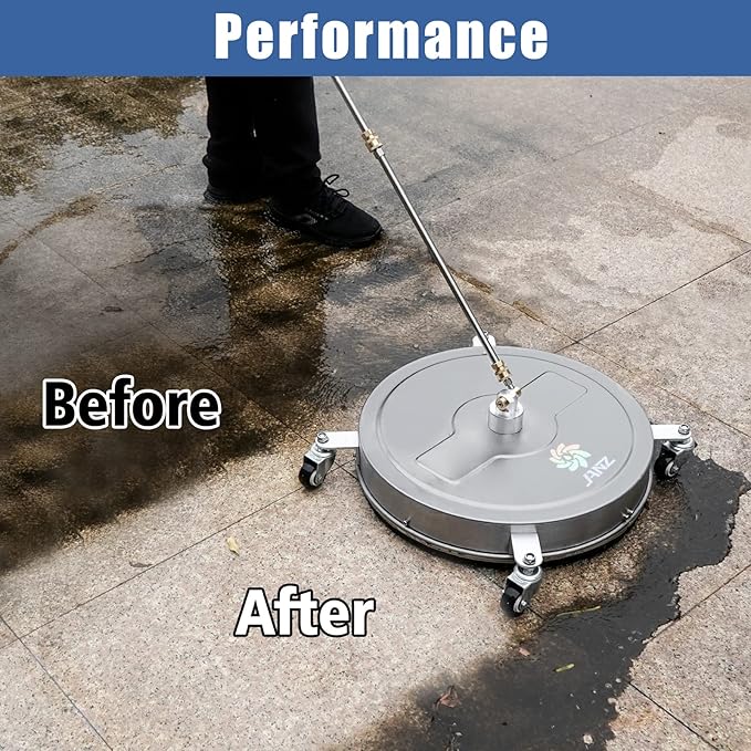 JANZ 20'' Pressure Washer Surface Cleaner with 4 Wheels, Stainless Steel Housing, 1/4" Quick Plug, 2 Extension Wands, 2 Replacement Nozzles and 3 Spray Nozzles, 4000 PSI-VerdiqueGarden