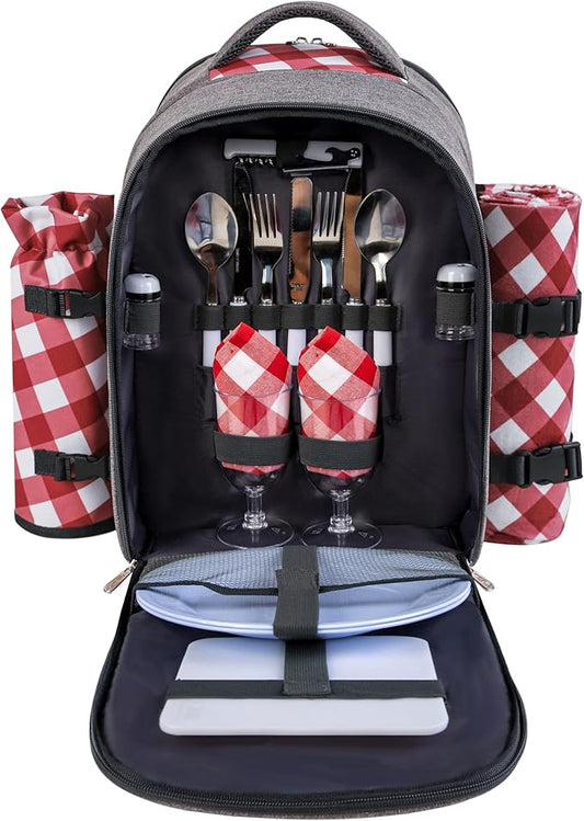 apollo walker Picnic Backpack Bag with Cooler Compartment, Detachable Bottle/Wine Holder, Fleece Blanket, Plates and Cutlery Set (2 Person, Gray)-VerdiqueGarden