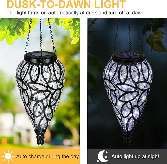 Solar Hanging Lantern Outdoor Lights, Tear-Shaped 15 LEDs Cool White Hanging Lights with S Hooks Decor in Garden, Yard, Pathway, Front Door and Landscape-VerdiqueGarden