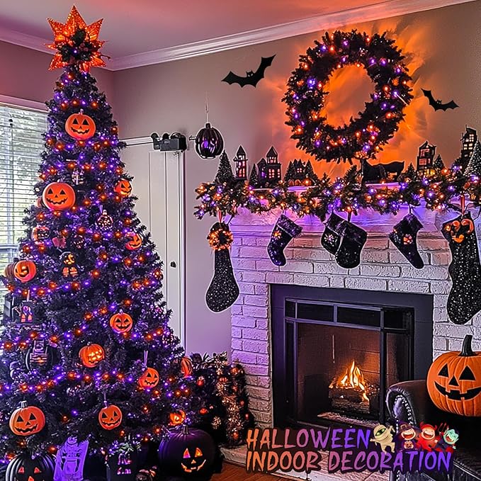 JMEXSUSS Halloween Lights Outdoor, 66FT Purple Orange Lights for Halloween Decorations, 200 LED Halloween String Lights Indoor for Bedroom Fireplace Mantel Party Patio Yard Door Halloween Tree-VerdiqueGarden