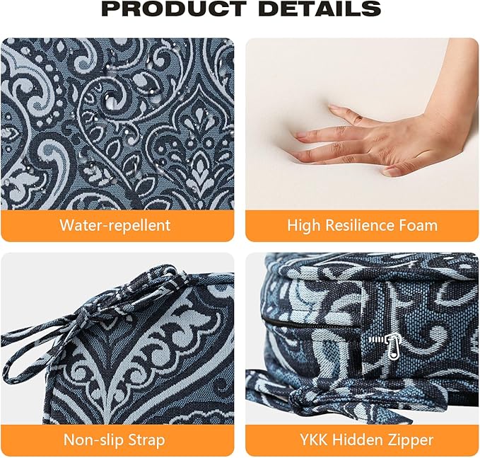 Round Corner Seat Cushions, 17" x 16" x 2", Set of 4, Indoor Outdoor Water Repellent Universal Chair Pads with Ties for Patio Furniture, Garden Deck Dining Chairs, Damask Blue Flower-VerdiqueGarden