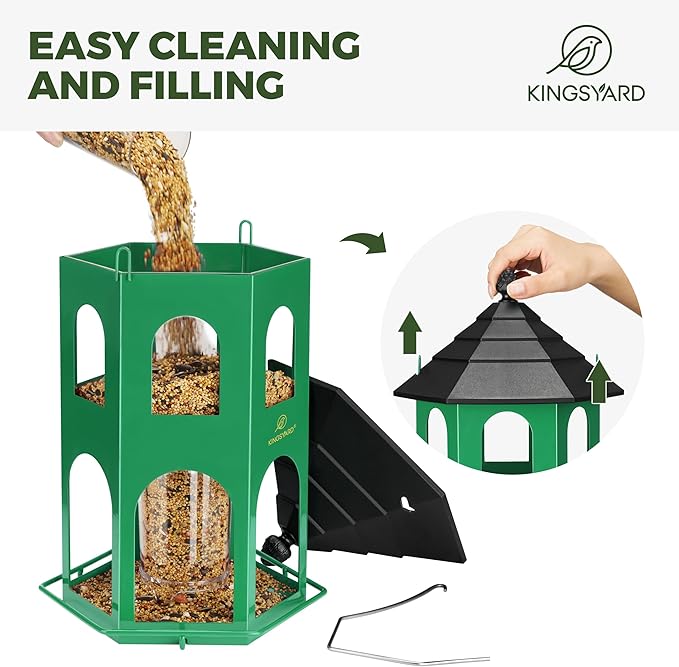Kingsyard Metal Bird Feeder for Outdoor Hanging, Wild Bird Feeders with Circular Perch, Easy to Clean & Refill, 4 lbs Large Seed Capacity, Green-VerdiqueGarden
