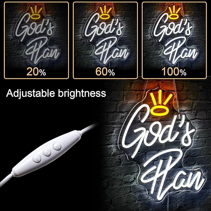 WLHOPE God's Plan Neon Sign White Led Neon Signs for Wall Decor, God Neon Signs USB Powered Letter Neon Light Signs for Bedroom Living Room Home Bar Wedding Party Decoration-VerdiqueGarden