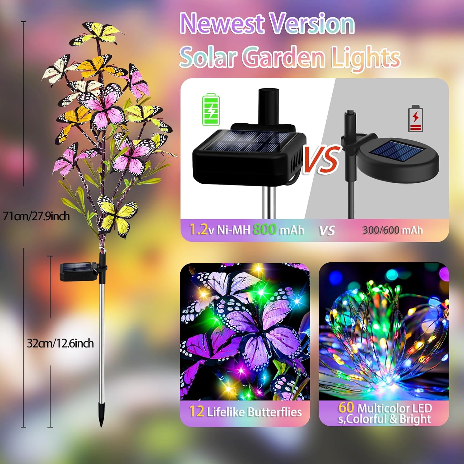 Solar Garden Lights Outdoor, Waterproof 2 Pack Solar Butterfly Lights with 60 LED 12 Butterfly Colorful Lighting for Garden Yard Lawn Outdoor Decor, Gift for Mom Women Mother's Day-VerdiqueGarden