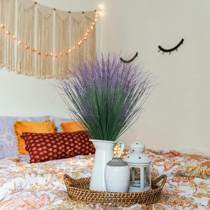 12Pcs Artificial Grass Plants, Faux Shrubs Wheat Grass, Artificial Tall Grass Fake Plants for Outdoor Decor,Artificial Greenery Stems Weed for Room Indoor Home Decor（Green Purple Tail）-VerdiqueGarden