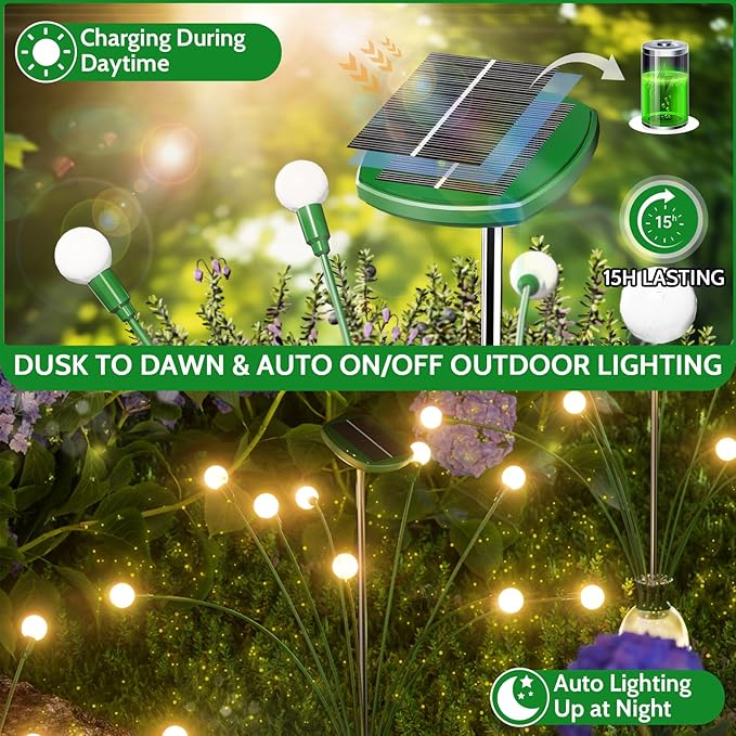 HIGH Power Solar Garden Lights Outdoor, 2 Pack 18 LED Solar Firefly Lights Fairy Swaying by Wind for Outside, IP67 Waterproof, for Patio Garden Yard Walkway Sidewalk, Green-VerdiqueGarden