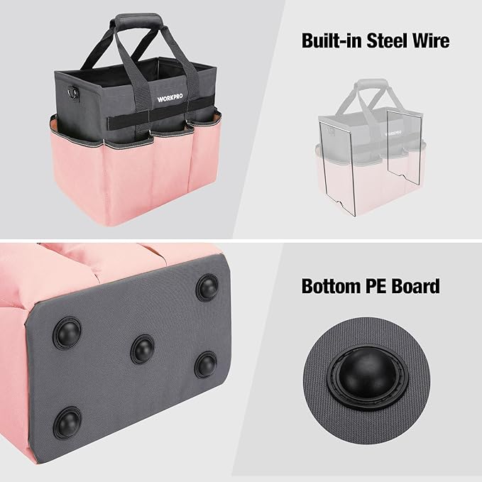 WORKPRO Garden Tool Bag, Heavy Duty Gardening Tote Bag Organizer with 10 Pockets and Long Adjustable Shoulder Strap, Standable Garden Home Tool Kits Organizer, Pink-VerdiqueGarden