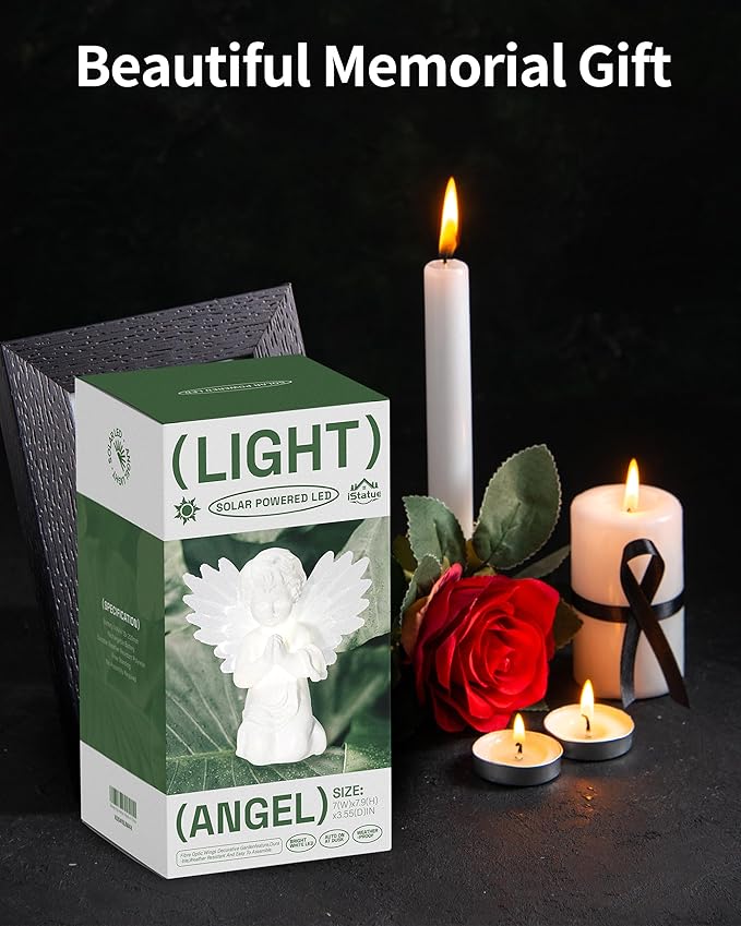 iStatue Solar Praying Cherub Angel Light with Fibre Optic Wings - 7.1'' Sympathy Remembrance Memorial Gift for Grave Ornaments Garden Decor (Kneeling Angel)-VerdiqueGarden