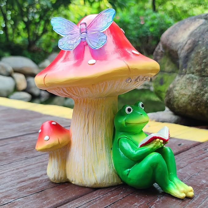 Solar Frog Mushroom Garden Statues,Resin Frog Mushroom Reading a Book Figurine with LED Solar Lights, Lawn Decor Outdoor Statue for Patio,Balcony,Yard,Lawn Ornament-VerdiqueGarden
