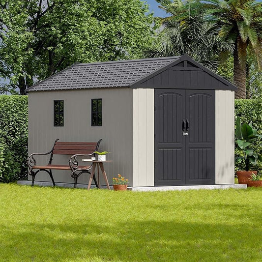 Patiowell 8 x 12 FT Plastic Outdoor Storage Shed with Floor, Resin Shed with Window and Lockable Door for Garden, Backyard, Tool Storage Use, Easy to Install in Beige (Kick-it Shed)-VerdiqueGarden