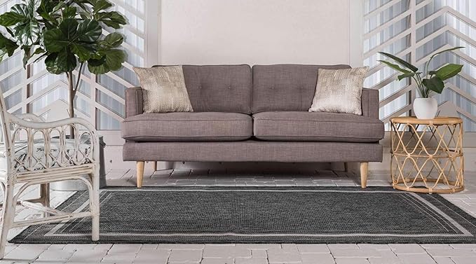 Unique Loom Outdoor Border Collection Area Rug - Soft Border (5' 3" x 8' Rectangle, Black/ Ivory)-VerdiqueGarden