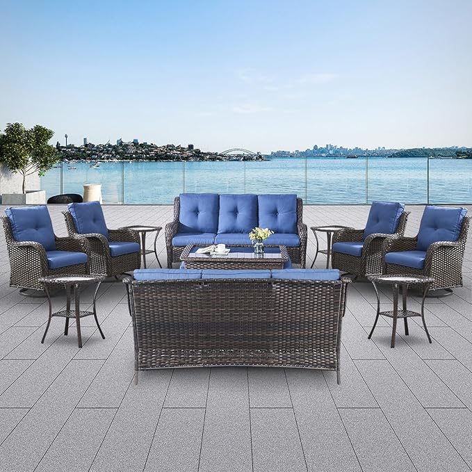 Wicker Patio Furniture Sets - 13 Piece Outdoor Rattan Furniture Conversation Sets with 4 Swivel Rocker Chairs, 2 Rattan Sofas, Wicker Ottomans and Coffee Table, Brown/Blue-VerdiqueGarden