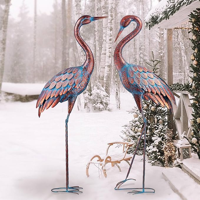 Kircust Garden Crane Statues Patina Heron Decoy, Standing Metal Crane Sculptures Bird Yard Art for Outdoor Decor, 47-48 Inch, Set of 2-VerdiqueGarden