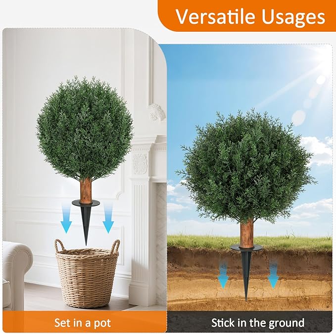 Artificial Cedar Shrubs Ball Trees with Ground Spike, 24.6 inche Tall UV-Resistant Fake Outdoor Plants Evergreen Trees, Realistic Faux Pine Bushes for Front Porch Home Patio Garden, 1 Pcs-VerdiqueGarden