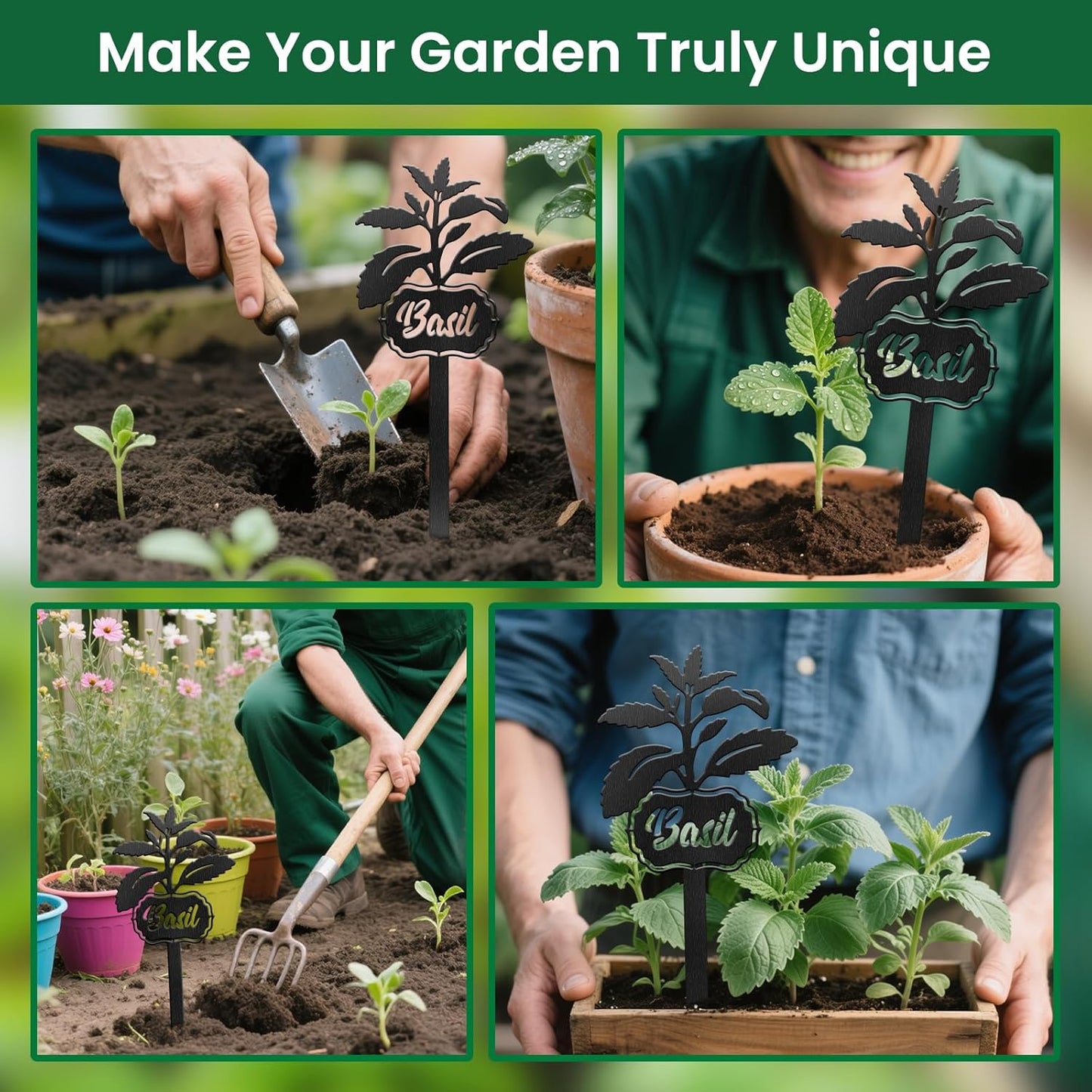 CUTHOLLOW Metal Plant Marker Stake Basil for Outdoor Indoor, Waterproof 11.8 inch Cute Garden Plant Labels Sign Tag for Vegetables, Farmhouse Greenhouse Decor - Funny Gardening Gifts-VerdiqueGarden