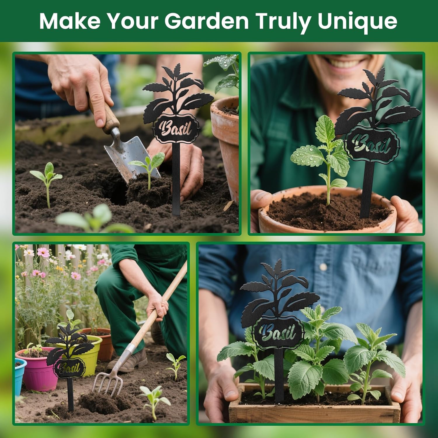 CUTHOLLOW Metal Plant Marker Stake Basil for Outdoor Indoor, Waterproof 11.8 inch Cute Garden Plant Labels Sign Tag for Vegetables, Farmhouse Greenhouse Decor - Funny Gardening Gifts-VerdiqueGarden