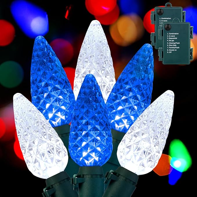 Brightown C6 LED Christmas String Lights - 2 Pack Each 20ft 60LED Battery Operated Strawberry String Lights with Timer and 8 Light Modes for Christmas Trees Wreaths, Indoor Xmas Decor, Blue and White-VerdiqueGarden