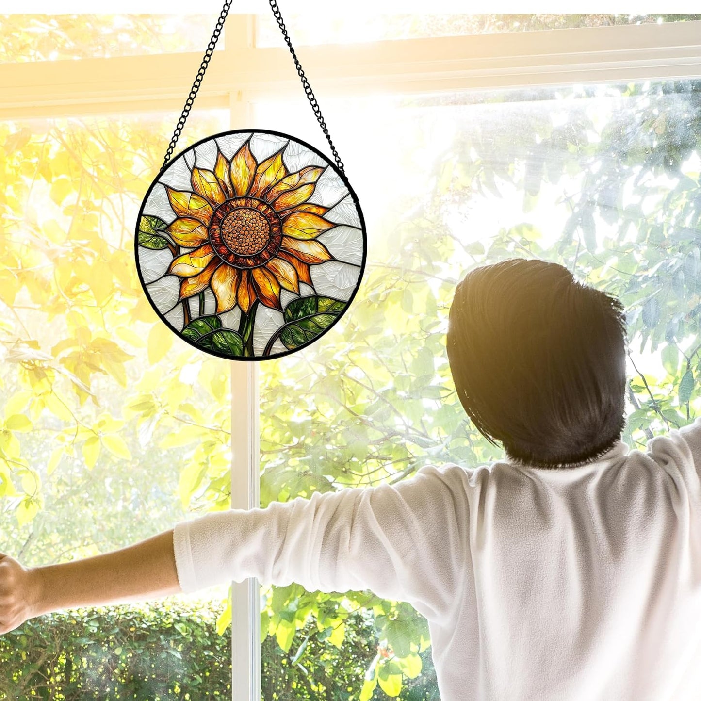 Stained Glass Window Hanging - Sunflower Flower Suncatcher Ready to Hang Window Doors Home Decoration and Christmas, Mother's Day Birthday Gifts for Women, Men, and Mom 11.8x11.8 in-VerdiqueGarden