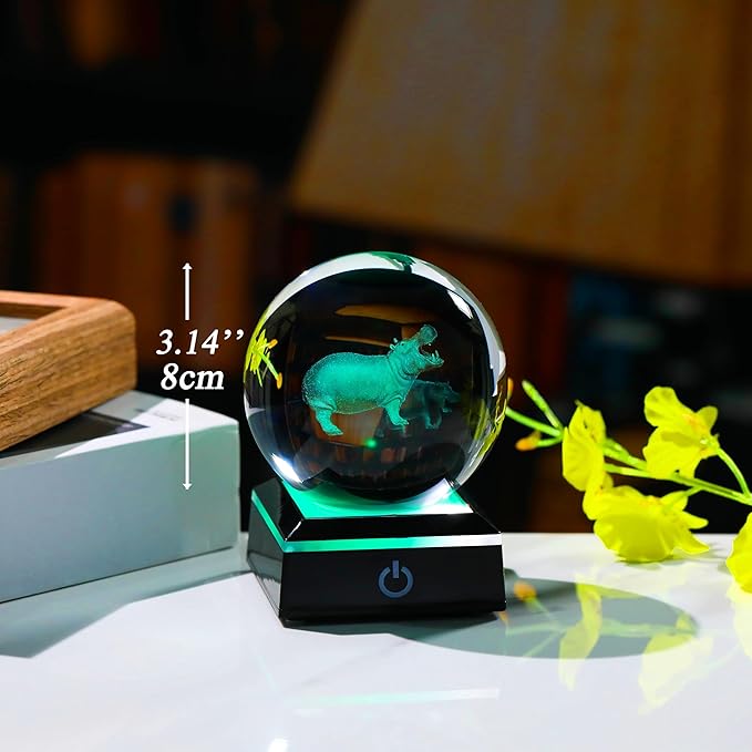 Qianwei Hippopotamus Gifts for Women 3D Crystal Ball 3.14'' - Laser Hippopotamus Decor Glass Animals Hippo Gifts Figurines Statue Stuff for Room Decorations Hippo Night Light-VerdiqueGarden