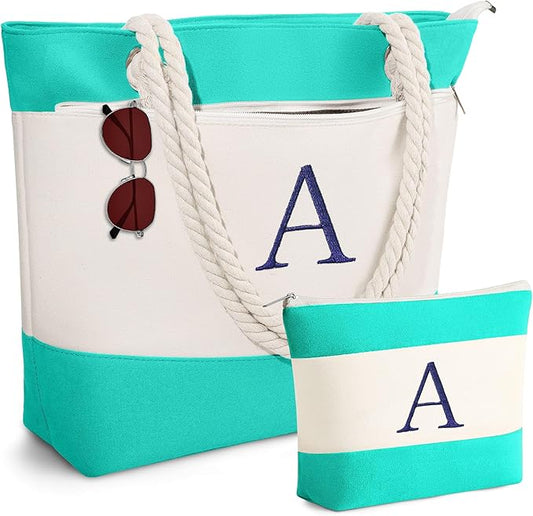 YOOLIFE Beach Bags for Women - Initial Tote Waterproof Bag with Makeup Bag, Mothers Day Gifts for Women Mom Friend Birthday-VerdiqueGarden