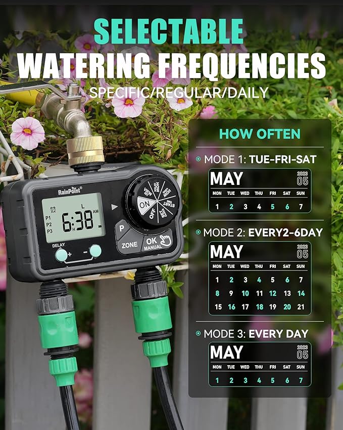 RAINPOINT Brass Sprinkler Timer 2 Stations, Large Digital Water Timer for Garden Hose with 6 Programmable Procedure, with Delay/Manual/Auto Irrigation Mode for Week/Specific/Daily Watering-VerdiqueGarden