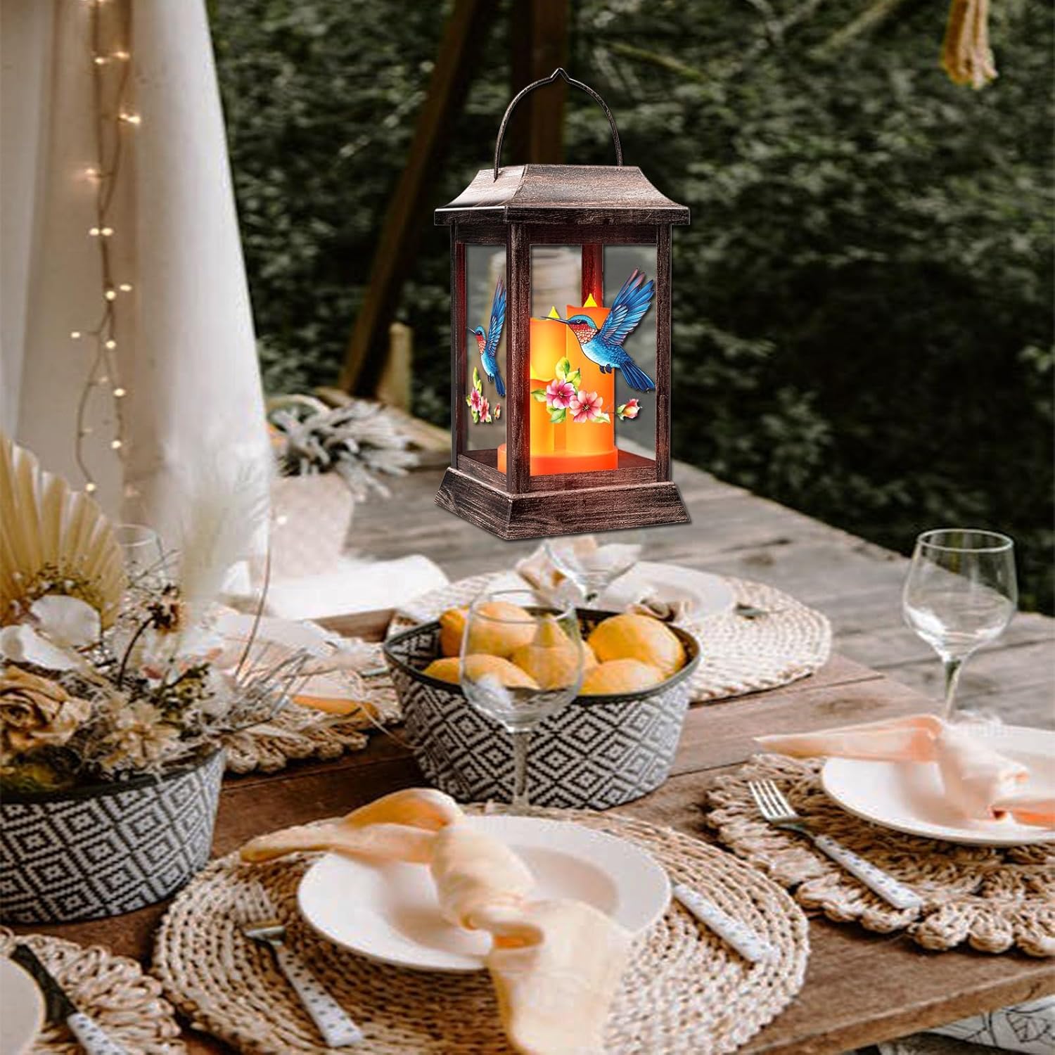 Hummingbird Solar Lanterns Outdoor, Metal Glass Hanging Solar Lights, Gardening Gifts for Mom Women Mother's Day, Waterproof Garden Decor Decorative Lights for Outside Yard Porch Patio Decorations-VerdiqueGarden
