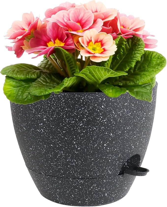 12 inch Large Self Watering Pots for Indoor Outdoor Plants, Flower Plant Pots with Mesh Drainage Holes for Garden House Plants, Plastic Planters with Reservoir for Home Decor, Speckled Black-VerdiqueGarden