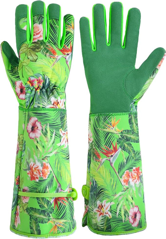 HANDLANDY Women Gardening Gloves, Thorn Proof Breathable Ladies Rose Pruning Long Gauntlet Floral Print Garden Yard Gloves, Gift for Gardeners (Green, L)-VerdiqueGarden