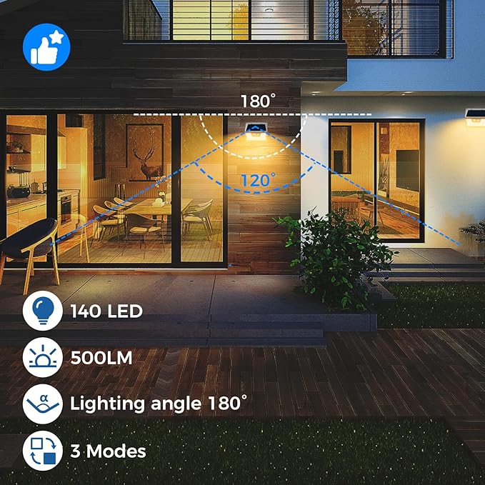 Peasur Solar Lights Outdoor Motion Sensor Waterproof, 6Pack 140LED White Solar Powered Fence Lights, 3 Modes Security Wall Lights for Garden Yard Outside Warm-VerdiqueGarden