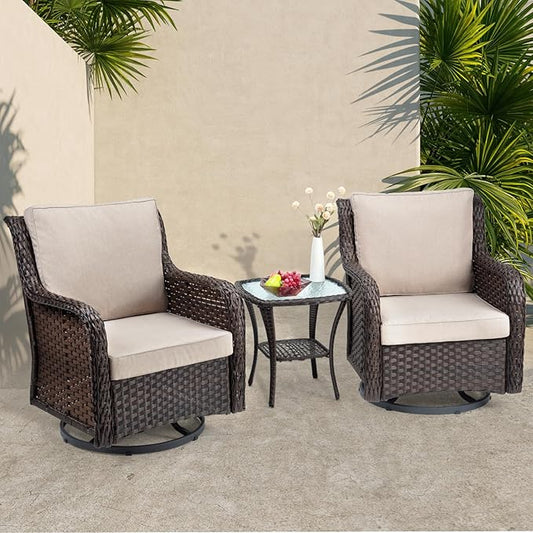 Towallmark Outdoor Swivel Wicker Glider Patio Chairs with Table Set, 3 Pieces Outdoor Bistro Set with 4”Thick Cushions and Coffee Table for Porch, Balcony, Deck (Beige)-VerdiqueGarden