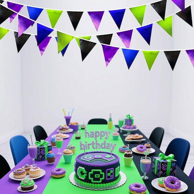 Video Game Party Decorations Black Blue Green Purple Metallic Fabric Triangle Pennant Banner Flag Bunting for Men Boys Birthday Graduations Retirement Wedding Bachelorette Video Game Party Supplies-VerdiqueGarden