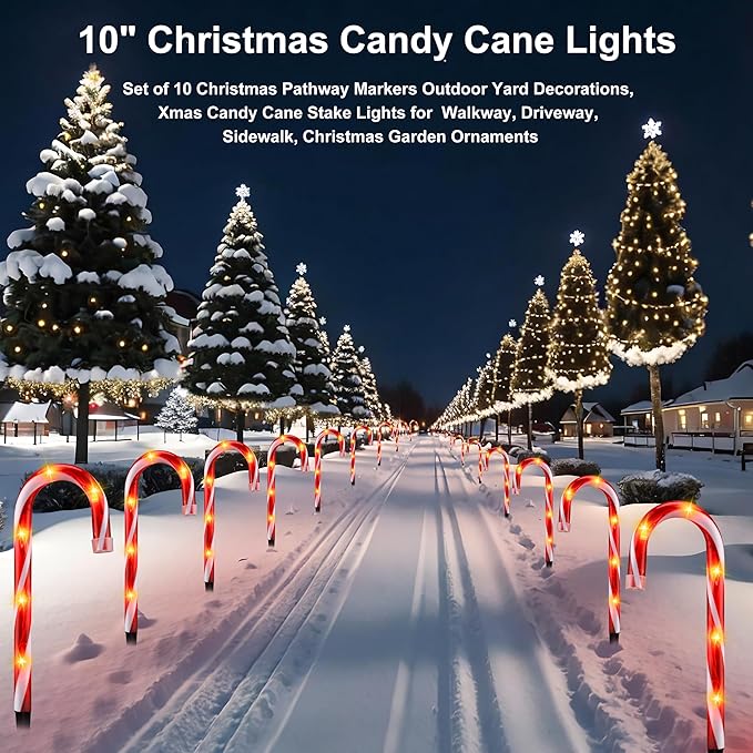 10" Christmas Candy Cane Lights - Set of 10 Pathway Markers Christmas Outdoor Yard Decorations, Xmas Candy Cane Stake Lights for Lawn, Walkway, Garden, Xmas Party Indoor Ornaments-VerdiqueGarden