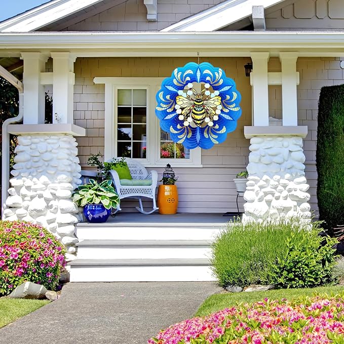 Bee Wind Spinners 3D Hanging Wind Spinner Bee Ornament Gifts for Women Mom Grandma,12inch Metal Spring Wind Kinetic Sculpture for Outdoor&Indoor Decor, Yard Art, Garden Decoration-VerdiqueGarden
