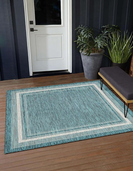 Unique Loom Outdoor Border Collection Area Rug - Soft Border (12' Square Teal/Ivory)-VerdiqueGarden