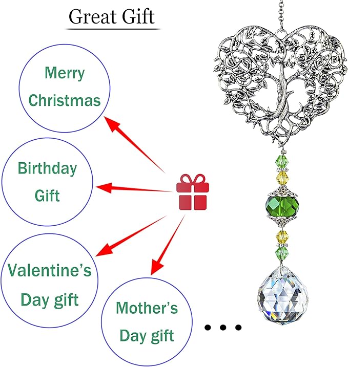 H&D HYALINE & DORA Tree of Life Crystal Suncatchers Crystal Drop Prism Rainbow Maker Hanging for Home Garden Decoration, Heart Shaped-VerdiqueGarden