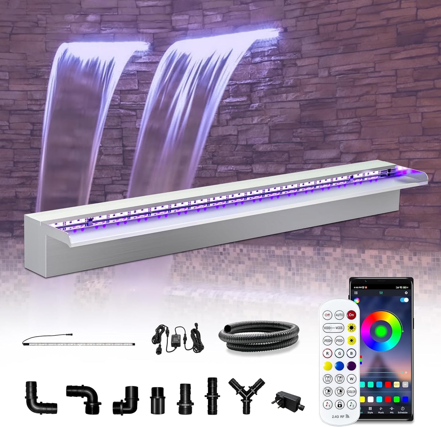 LONGRUN Waterfall Pool Fountain, Updated 5.9'' Wider Open Lip Stainless Steel Waterfall Spillway, Decorative Water Feature for Swimming Pools, Koi Ponds, Spa & Garden - 35.4''-VerdiqueGarden