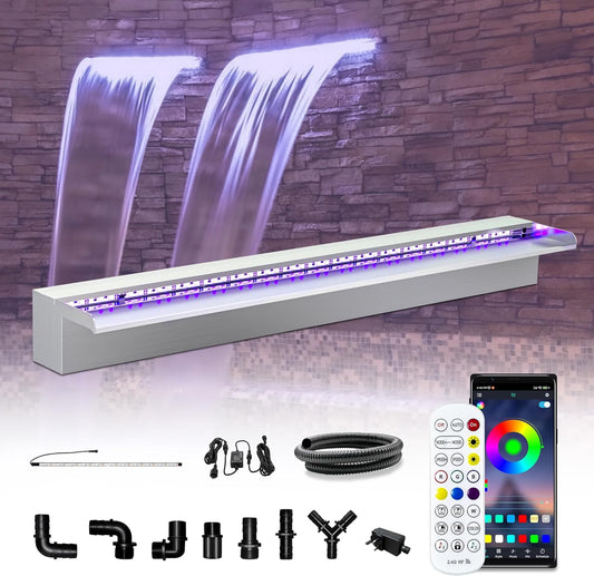 LONGRUN Waterfall Pool Fountain, Updated 5.9'' Wider Open Lip Stainless Steel Waterfall Spillway, Decorative Water Feature for Swimming Pools, Koi Ponds, Spa & Garden - 35.4''-VerdiqueGarden