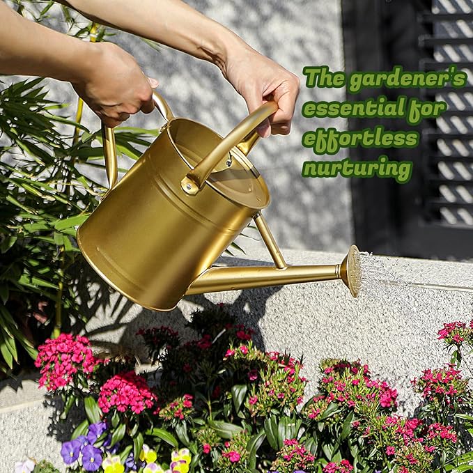 1 Gallon Watering Can for Plants, Watering Cans for Indoor&Outdoor Gardening, Galvanized Steel Watering Pot with Removable Spout, Metal Water Can with Ergonomic Movable Handle(Gold)-VerdiqueGarden
