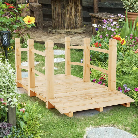Giantex 5 ft Garden Bridge - Natural Wood Arc Footbridge Walkway with Side Railings, Decorative Wooden Bridge Landscaping for Backyard Farm Garden Creek Pond Decor, Easy to Assemble (Natural)-VerdiqueGarden