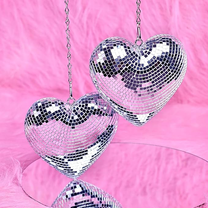 Disco Balls 2 Pack Silver Heart-Shaped Stage Mirror Balls Hanging Decor for Party, Room, Wedding, Garden, Retro Reflective Disco Ball Handmade Gifts (6.3 inch)-VerdiqueGarden