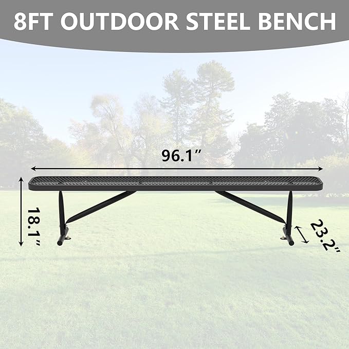 96" L Outdoor Metal Benches, Heavy Duty Garden Park Bench for Outside, Porch Chair Sports Backless Commercial Benches Mesh Bench for Shopping Mall, Store, Lawn, Park, Patio, Deck, Garden-VerdiqueGarden