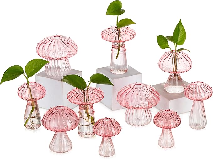 Glasseam Mushroom Plant Propagation Stations: Pink Glass Terrarium Jar Set of 10 Cute Planters for Indoor Plants Mini Propagate Station Unique Christmas Birthday Gifts for Women Home Office Decor-VerdiqueGarden