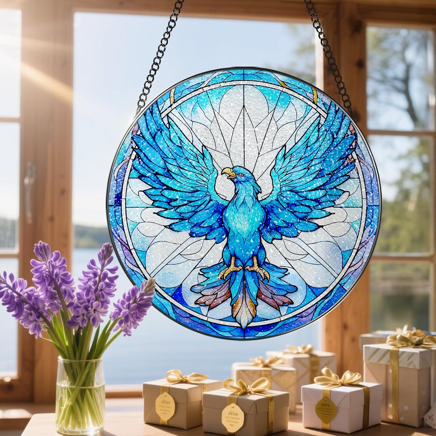 Stained Glass Window Hanging, Stained Glass Suncatcher, Phoenix Sun Catcher, Window Decor, Phoenix Gift, Gifts for Mothers Day, Christmas or Birthday Gift, Gifts for Lover Couple Colleague Friends-VerdiqueGarden