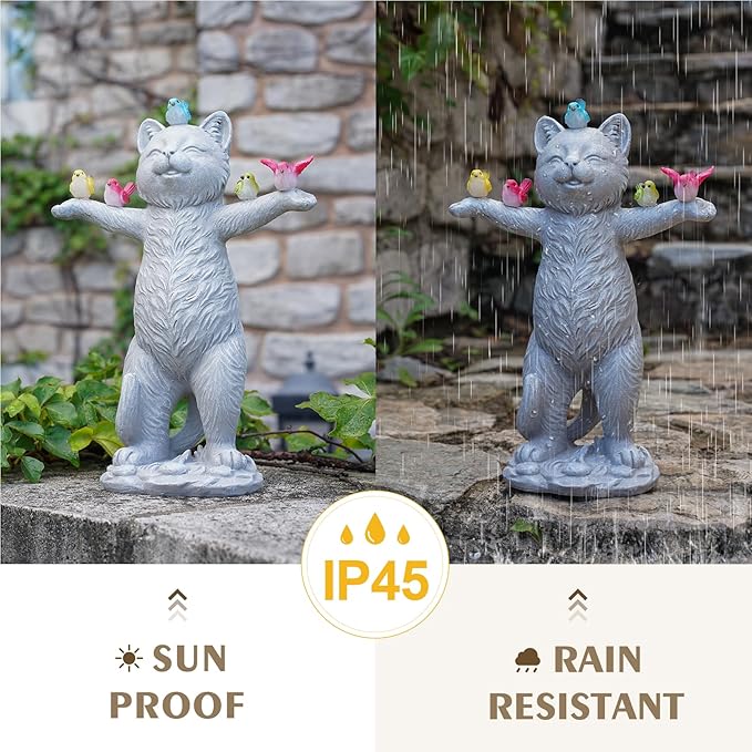 MININOVA Solar Outdoor Decorations Garden Statue Cat Figurines with Birds for Yard Patio Balcony Lawn Outside Ornaments Gifts for Women Mother Kids-VerdiqueGarden