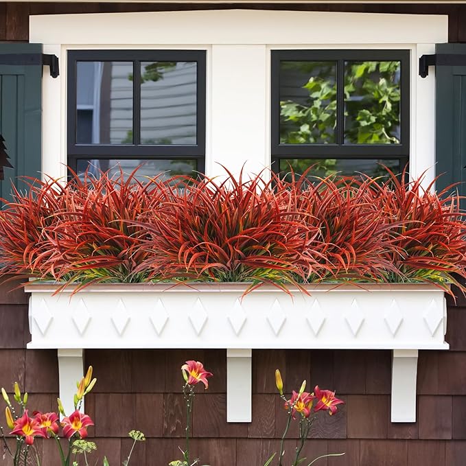 Uieke 28 Bundles Artificial Outdoor Plants UV Resistant Fake Grass Plants Faux Plastic Plants Greenery Shrubs for Home Garden Pathway Window Box Front Porch Cemetery Fall Decor, Autumn Red-VerdiqueGarden