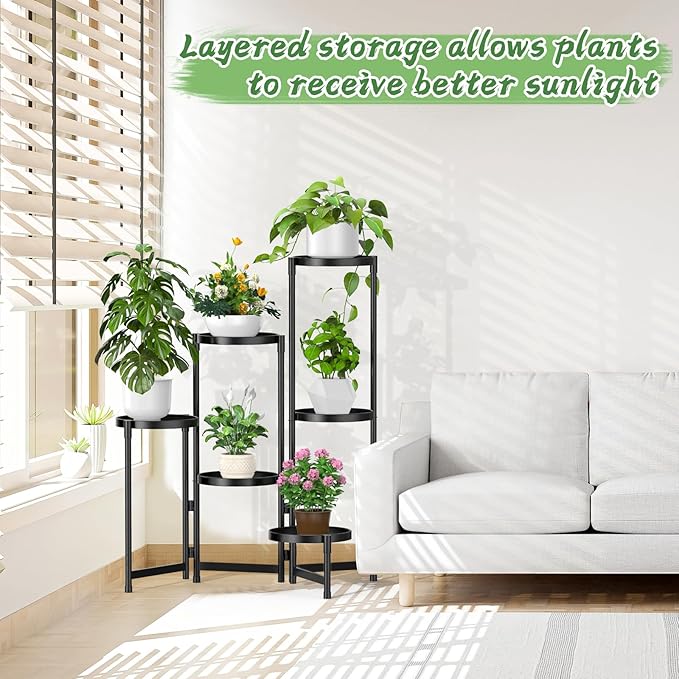 MOKANI Metal Plant Stand Indoor Outdoor for Multiple Plants, 6 Tiered Folding Corner Shelf Tall Flower Pot Holder Display Rack for Patio Living Room Balcony Garden, Black-VerdiqueGarden