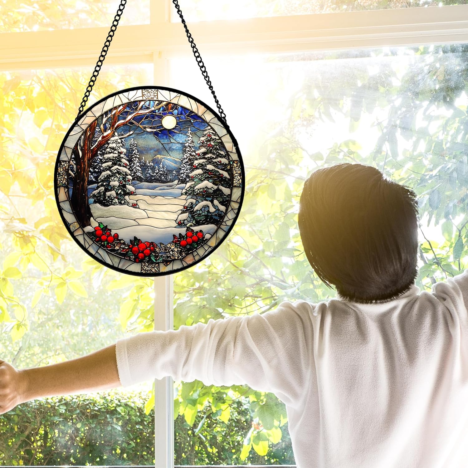 Stained Glass Window Hanging Christmas Tree Winter Snow Night Scenery 6.3" - Suncatcher Door Garden Kitchen Sun Catcher Home Decor Birthday for Mom Men Woman Friend-VerdiqueGarden