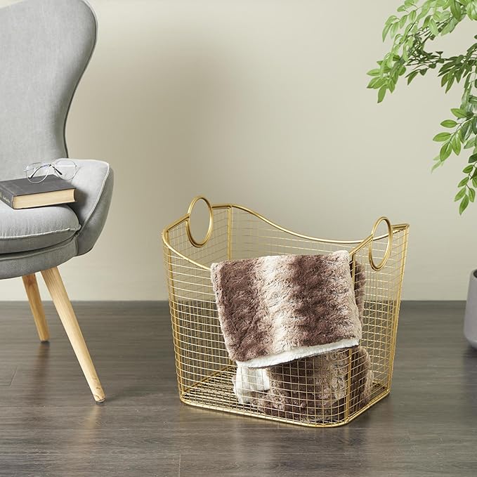 Deco 79 Metal Decorative and Functional Storage Basket Deep Basket Organizer with Round Handles, Basket for Storage 20" x 18" x 19", Gold-VerdiqueGarden