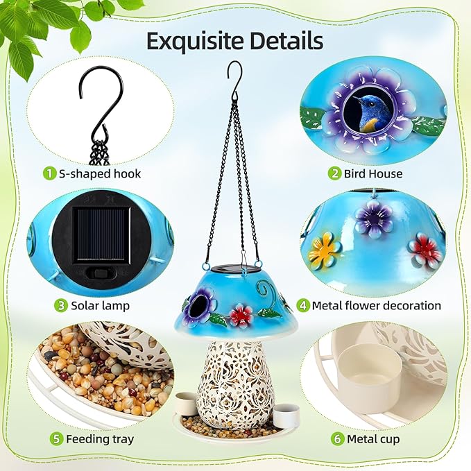 Mushroom Solar Bird Feeders for Outdoors Hanging Metal Wild Bird Feeder Garden Lantern with S Hook for Garden Decoration Blue-VerdiqueGarden